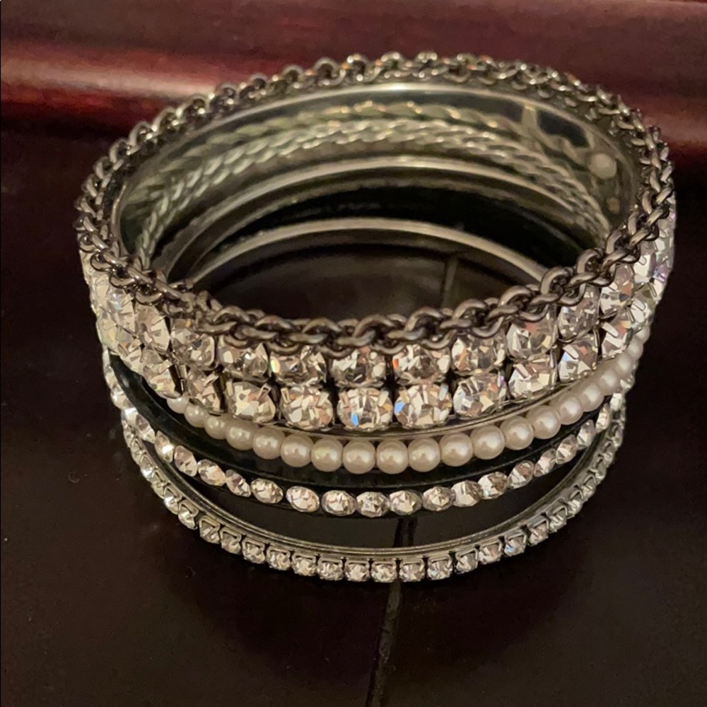 Diamond pearl chain cuff silver bracelets